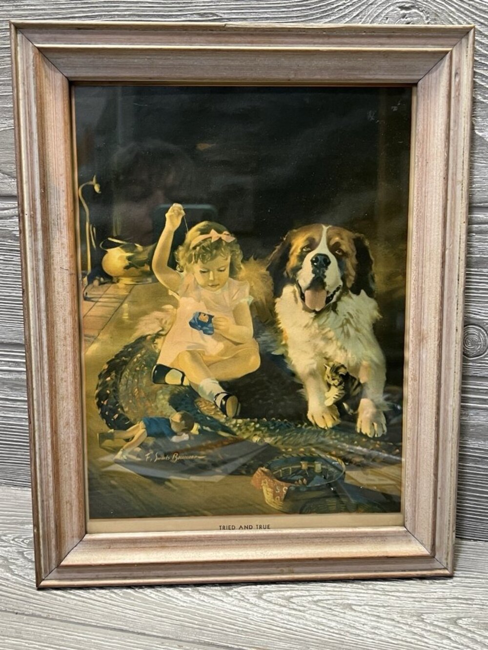 Vintage Framed Art Print Girl with Saint Bernard Dog 10.75” X 14” Tried and True